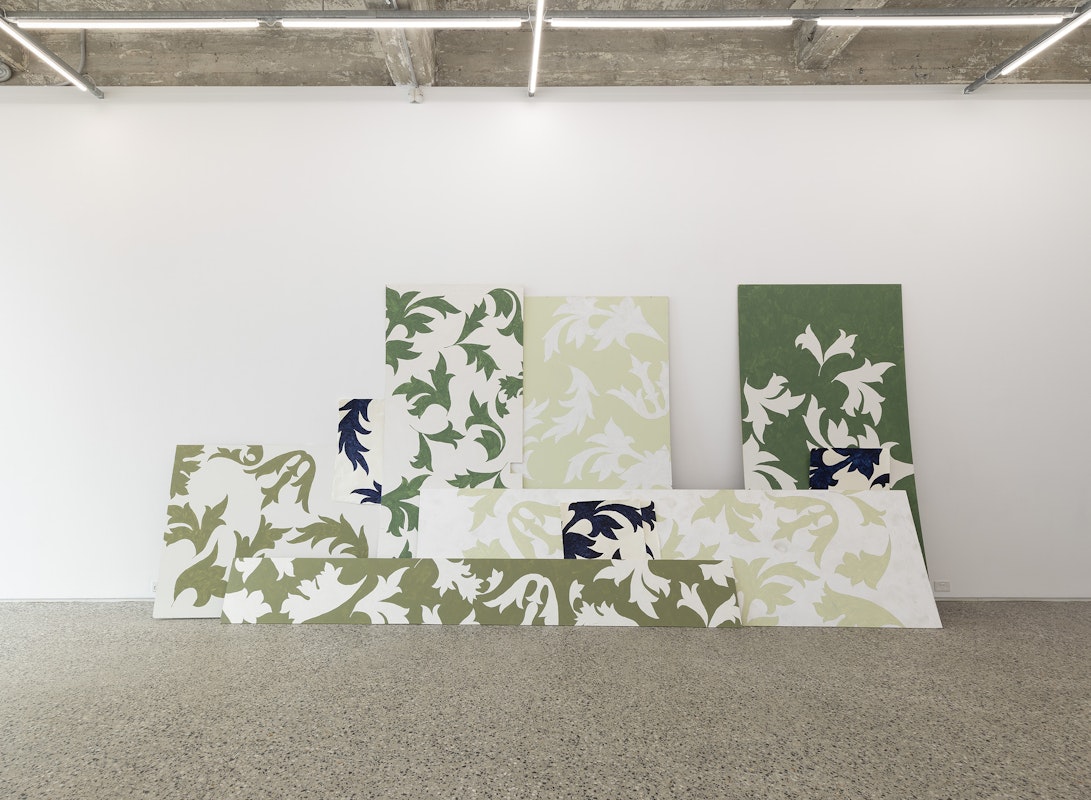 Grace Culley, leaves, 2026, acrylic paint, biro pen, graphite pencil on recycled MDF & shellac ink on cotton rag paper, dimensions variable, Get Away, Gertrude Glasshouse, Naarm, Melbourne, 2026, image courtesy and © the artist, photograph: Christian Cappurro