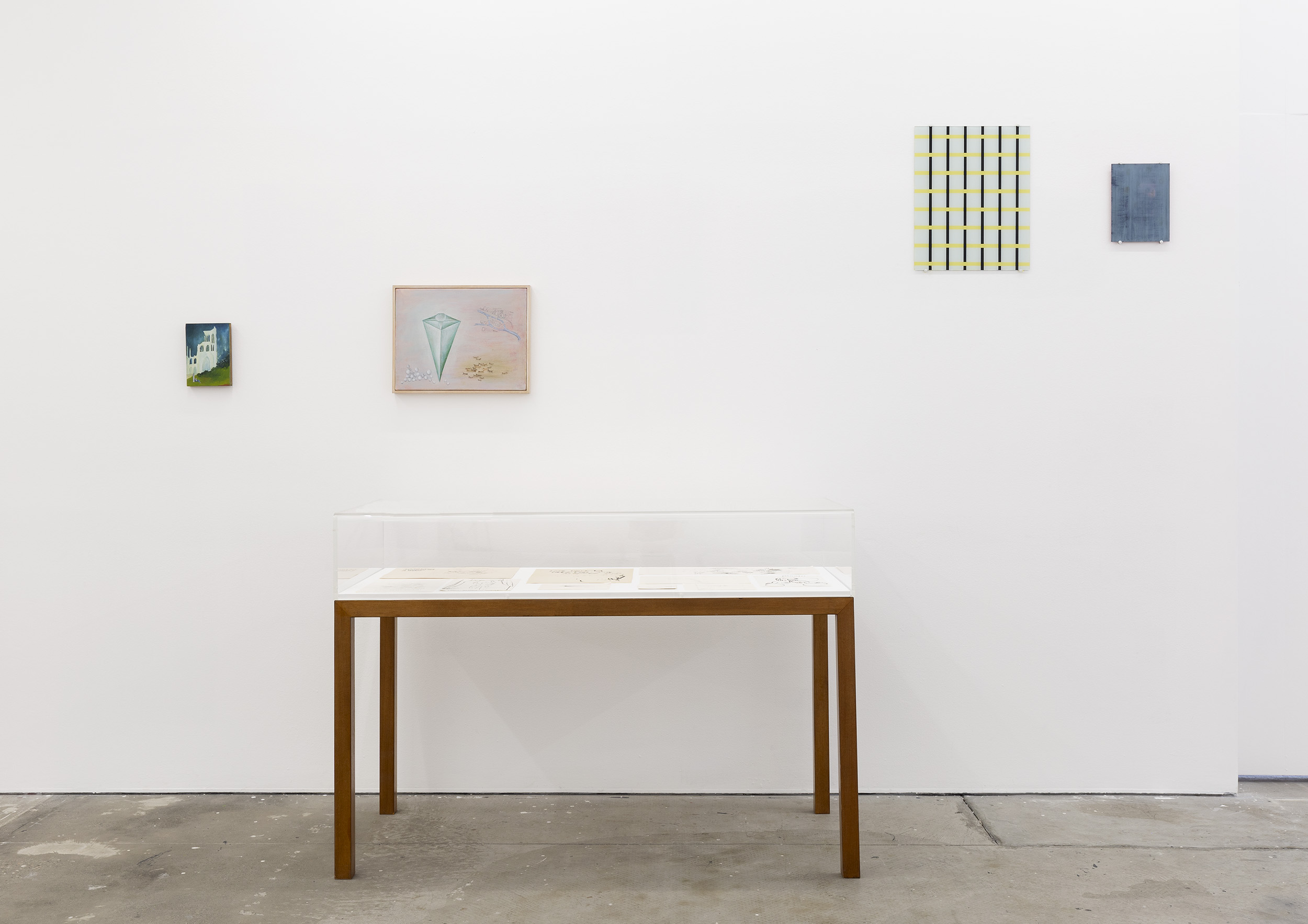 Vivienne Shark LeWitt, Nightmare Abbey, 1985, oil on cigar box; Rosslynd Piggott, Eyelashes, jewels and a piece of Paris, 1987, oil on canvas; David Jolly, Intersection, 1993, enamel on glass & Spring, 1994, oil and enamel on glass, installation view, A Fictional Retrospective: Gertrude’s First Decade 1985–1995, Gertrude Contemporary, Naarm Melbourne, 2025, image courtesy and © the artists, photograph: Christian Capurro