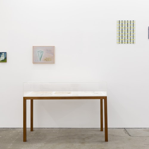 Vivienne Shark LeWitt, Nightmare Abbey, 1985, oil on cigar box; Rosslynd Piggott, Eyelashes, jewels and a piece of Paris, 1987, oil on canvas; David Jolly, Intersection, 1993, enamel on glass & Spring, 1994, oil and enamel on glass, installation view, A Fictional Retrospective: Gertrude’s First Decade 1985–1995, Gertrude Contemporary, Naarm Melbourne, 2025, image courtesy and © the artists, photograph: Christian Capurro