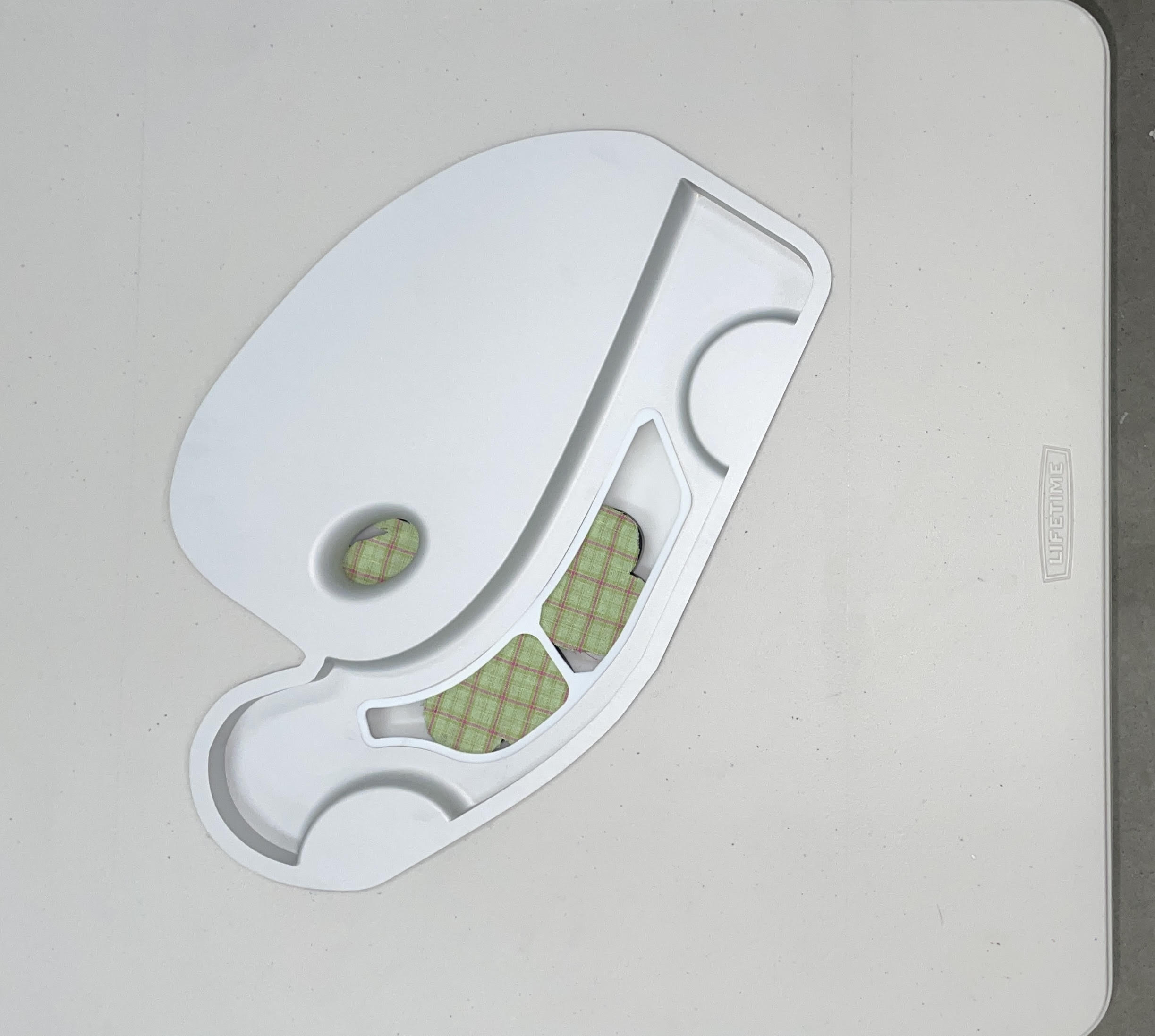Jordan Halsall, Plein Air (Province) (detail), 2026, machined aluminium, Lifetime 4ft blow mould table, resin, fabric, image courtesy and © the artist, photograph: Jordan Halsall
