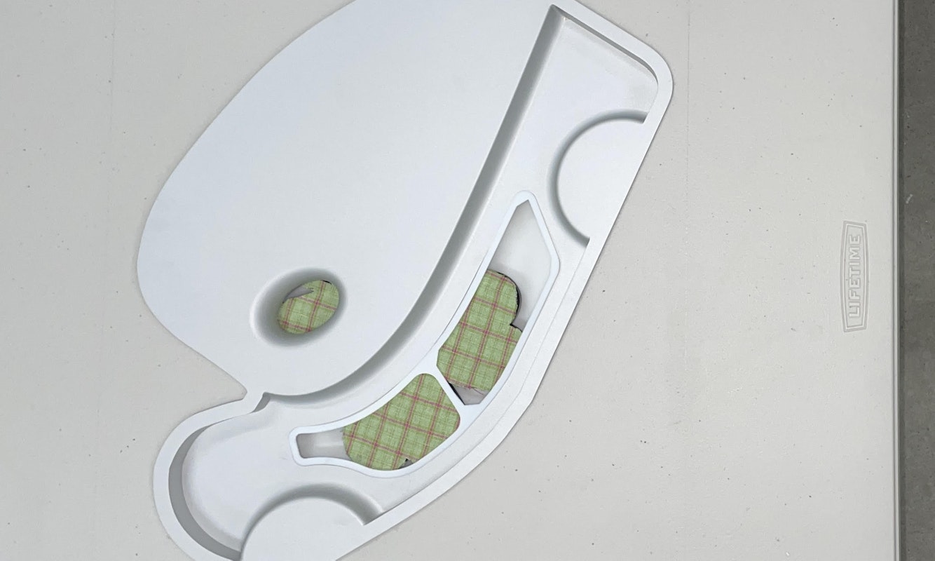Jordan Halsall, Plein Air (Province) (detail), 2026, machined aluminium, Lifetime 4ft blow mould table, resin, fabric, image courtesy and © the artist, photograph: Jordan Halsall