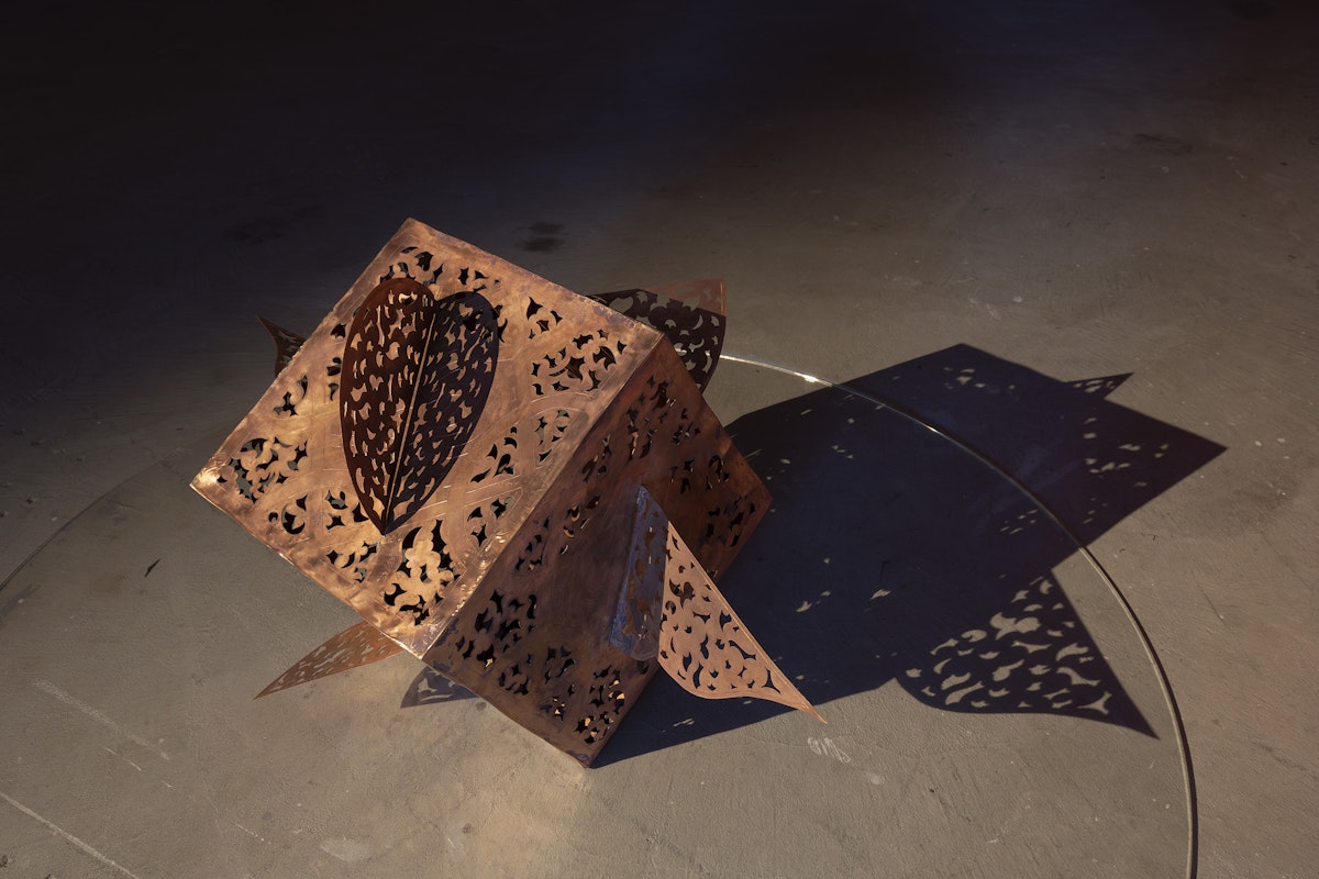 Shireen Taweel, unknown arcs of a sphere VI, 2026, installation view, pacing seven circles, Gertrude Contemporary, Naarm Melbourne, 2026, engraved and pierced copper, image courtesy of the artist and STATION, Naarm Melbourne and Sydney © the artist, photograph: Christian Capurro