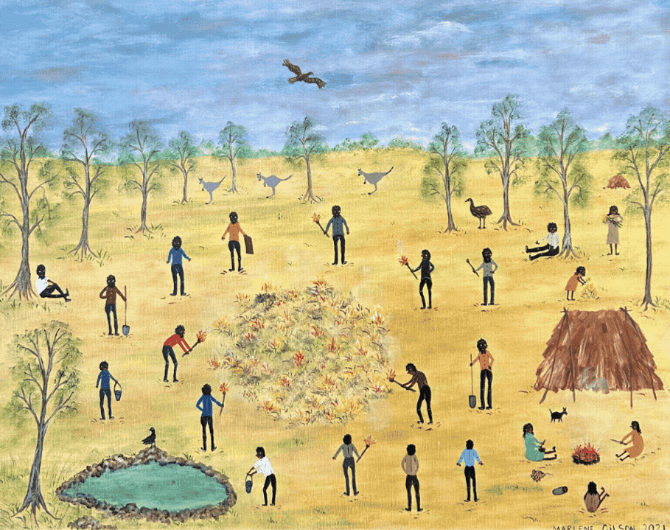 Marlene Gilson, Firestick Burning, 2021, acrylic on linen, image courtesy the artist and Martin Browne Contemporary, Sydney © the artist; Matthew Harris, Big Time (detail), 2025, ochre and acrylic binder on canvas, image courtesy of the artist and FUTURES, Naarm Melbourne and The Commercial, Sydney © the artist, photography: A Photographic Record; Marlene Gilson, Building a Home, Family Altogether, 2023, acrylic on linen, image courtesy the artist and Martin Browne Contemporary, Sydney © the artist; Matthew Harris, Big Time (detail), 2025, ochre and acrylic binder on canvas, image courtesy of the artist and FUTURES, Naarm Melbourne and The Commercial, Sydney © the artist, photography: A Photographic Record