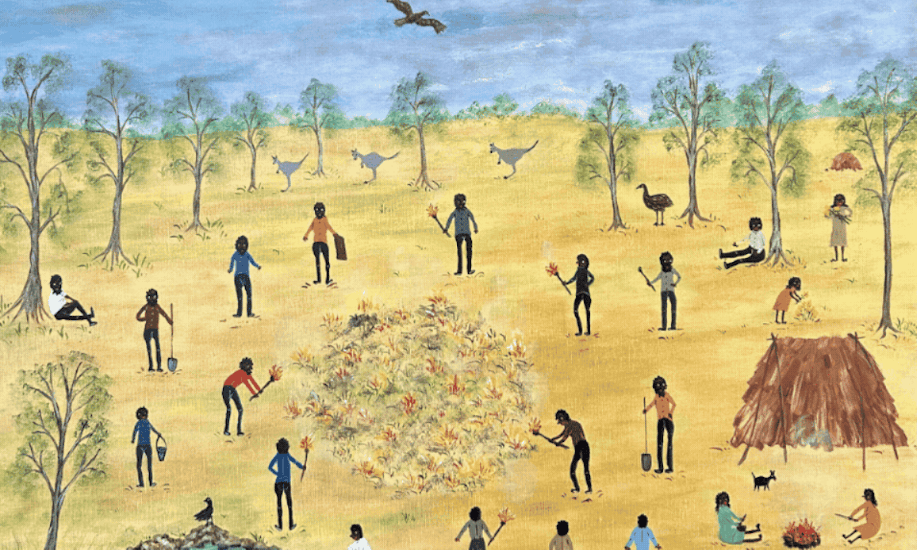 Marlene Gilson, Firestick Burning, 2021, acrylic on linen, image courtesy the artist and Martin Browne Contemporary, Sydney © the artist; Matthew Harris, Big Time (detail), 2025, ochre and acrylic binder on canvas, image courtesy of the artist and FUTURES, Naarm Melbourne and The Commercial, Sydney © the artist, photography: A Photographic Record; Marlene Gilson, Building a Home, Family Altogether, 2023, acrylic on linen, image courtesy the artist and Martin Browne Contemporary, Sydney © the artist; Matthew Harris, Big Time (detail), 2025, ochre and acrylic binder on canvas, image courtesy of the artist and FUTURES, Naarm Melbourne and The Commercial, Sydney © the artist, photography: A Photographic Record