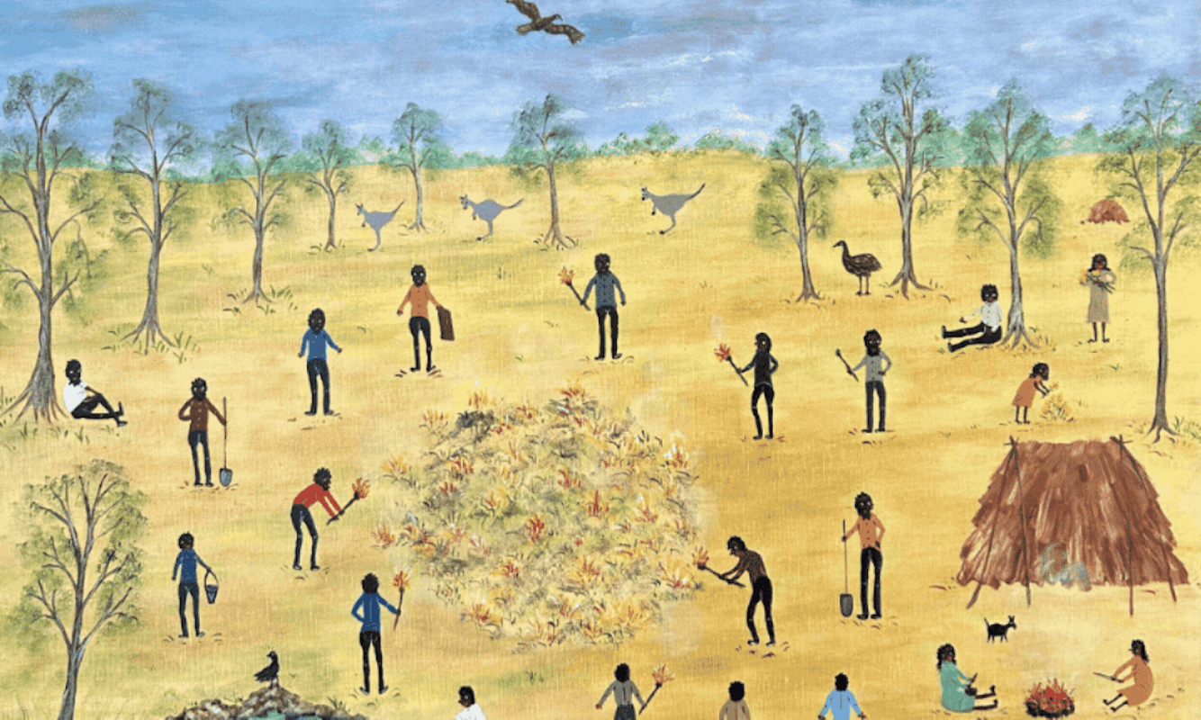 Marlene Gilson, Firestick Burning, 2021, acrylic on linen, image courtesy the artist and Martin Browne Contemporary, Sydney © the artist; Matthew Harris, Big Time (detail), 2025, ochre and acrylic binder on canvas, image courtesy of the artist and FUTURES, Naarm Melbourne and The Commercial, Sydney © the artist, photography: A Photographic Record; Marlene Gilson, Building a Home, Family Altogether, 2023, acrylic on linen, image courtesy the artist and Martin Browne Contemporary, Sydney © the artist; Matthew Harris, Big Time (detail), 2025, ochre and acrylic binder on canvas, image courtesy of the artist and FUTURES, Naarm Melbourne and The Commercial, Sydney © the artist, photography: A Photographic Record
