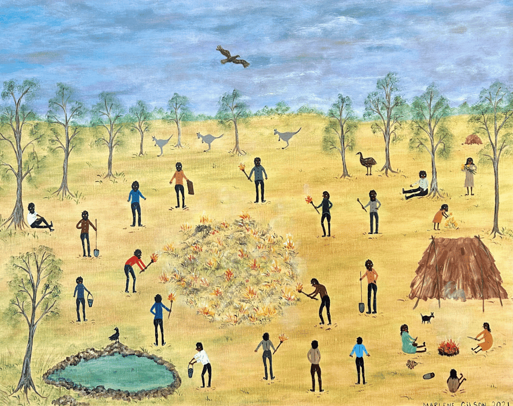Marlene Gilson, Firestick Burning, 2021, acrylic on linen, image courtesy the artist and Martin Browne Contemporary, Sydney © the artist