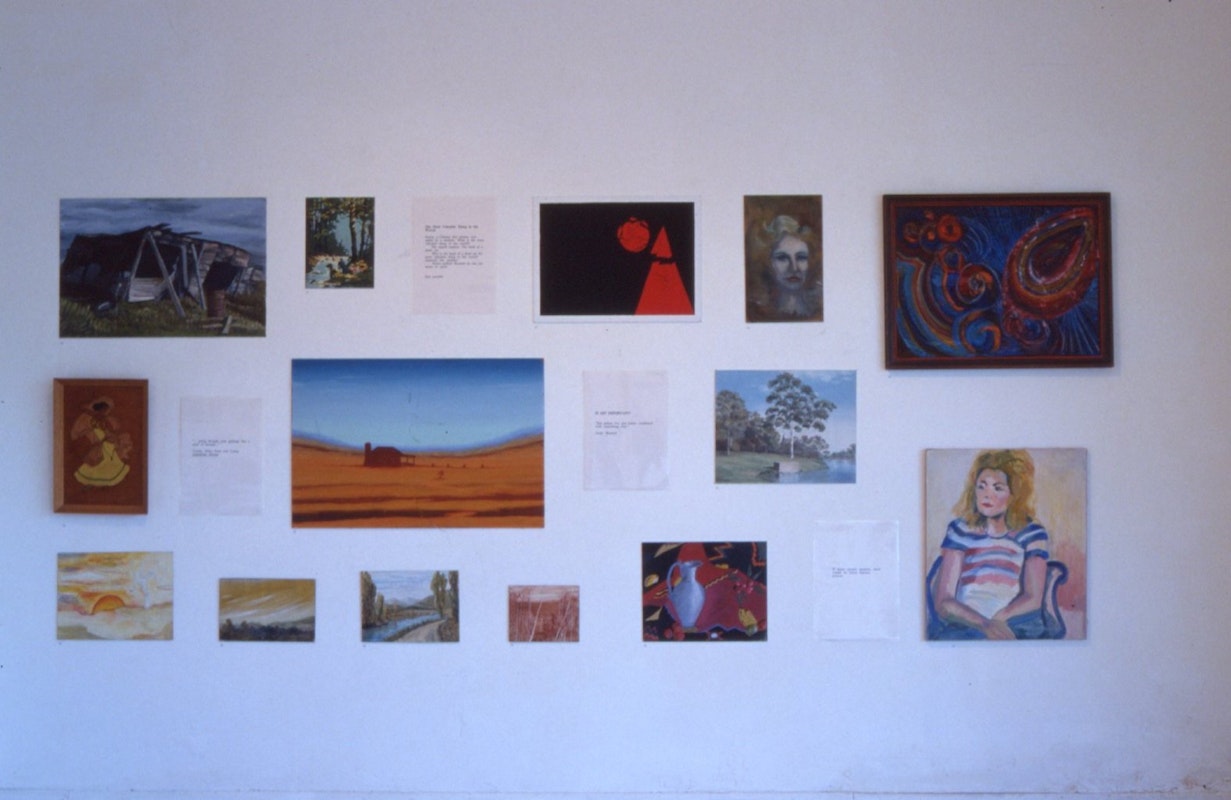 Installation view of Opp Art: Anonymous Paintings in Opportunity Shops, curated by Stuart Koop and May Lam, 1989. Image Courtesy of Getrude Archives.
