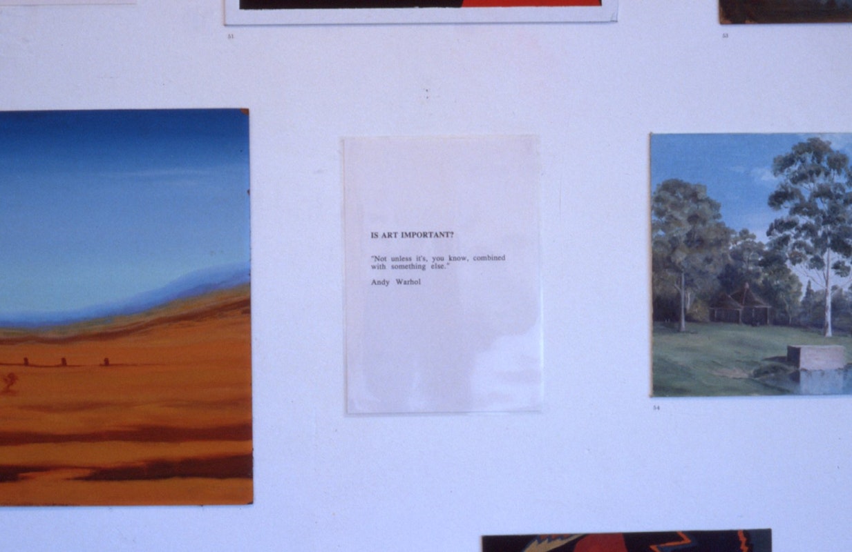 Installation view of Opp Art: Anonymous Paintings in Opportunity Shops, curated by Stuart Koop and May Lam, 1989. Image Courtesy of Getrude Archives.