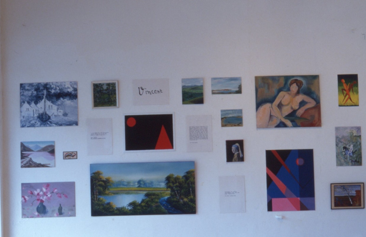 Installation view of Opp Art: Anonymous Paintings in Opportunity Shops, curated by Stuart Koop and May Lam, 1989. Image Courtesy of Getrude Archives.
