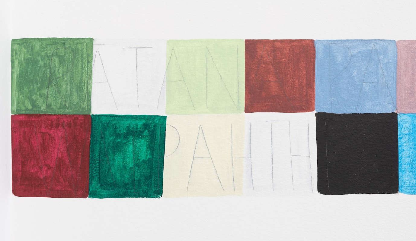 Detail of Renee Cosgrave, Kuikui, 2026, acrylic and pencil wall painting, dimensions variable, Waiho i te toipoto (keep close together), Gertrude Glasshouse, Naarm Melbourne, 2026, image courtesy and © the artist, photograph: Christian Capurro