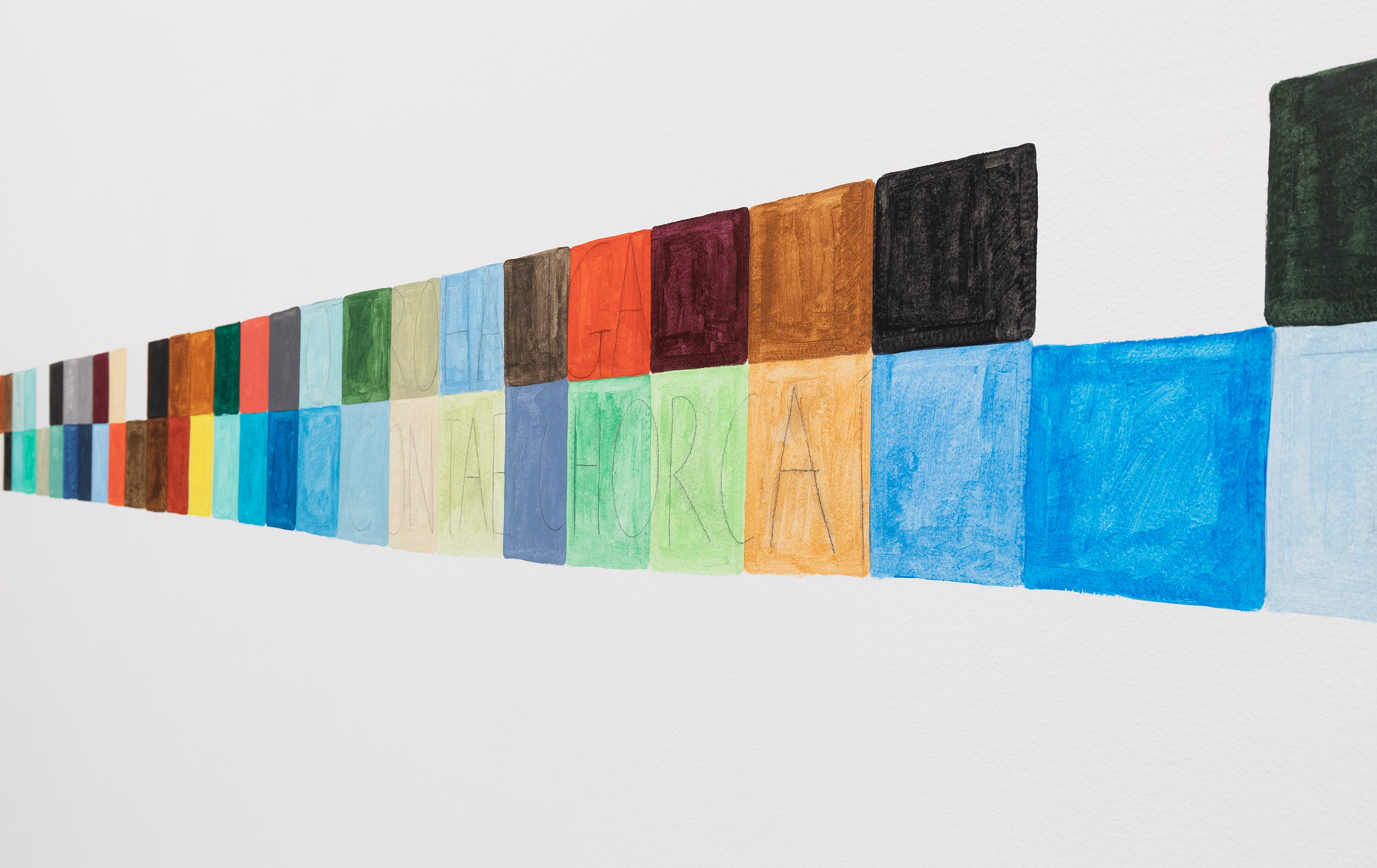 Detail of Renee Cosgrave, Kuikui, 2026, acrylic and pencil wall painting, dimensions variable, Waiho i te toipoto (keep close together), Gertrude Glasshouse, Naarm Melbourne, 2026, image courtesy and © the artist, photograph: Christian Capurro