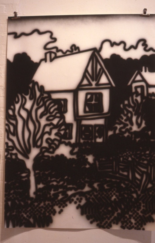 Howard Arkley, Tudor Village, airbrush on paper, 1988, installation view, Casual Works, 200 Gertrude Street, Naarm Melbourne, 1988, image courtesy and © the artists, photograph: Gertrude Archive.