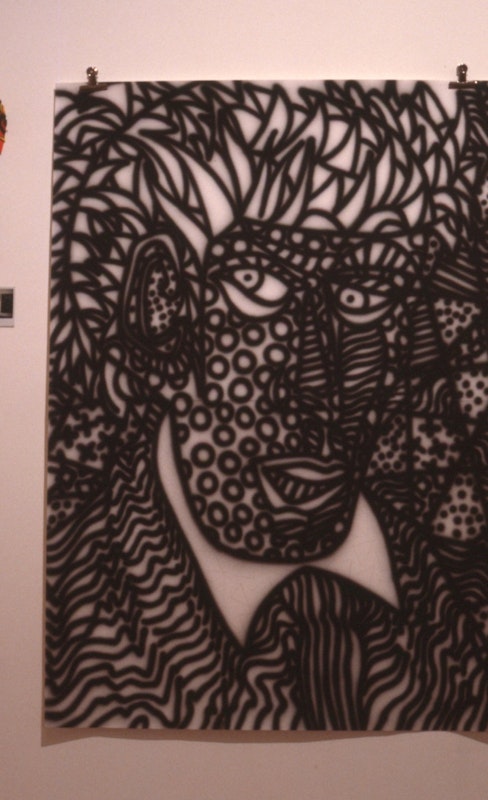 Howard Arkley, Tattooed, airbrush on paper, 1988, installation view, Casual Works, 200 Gertrude Street, Naarm Melbourne, 1988, image courtesy and © the artists, photograph: Gertrude Archive.