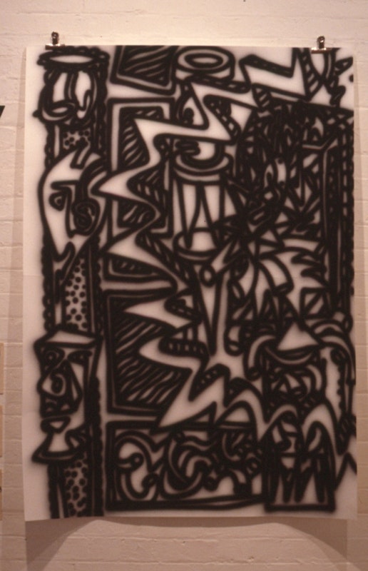 Howard Arkley, Zappo, airbrush on paper, 1988, installation view, Casual Works, 200 Gertrude Street, Naarm Melbourne, 1988, image courtesy and © the artists, photograph: Gertrude Archive.