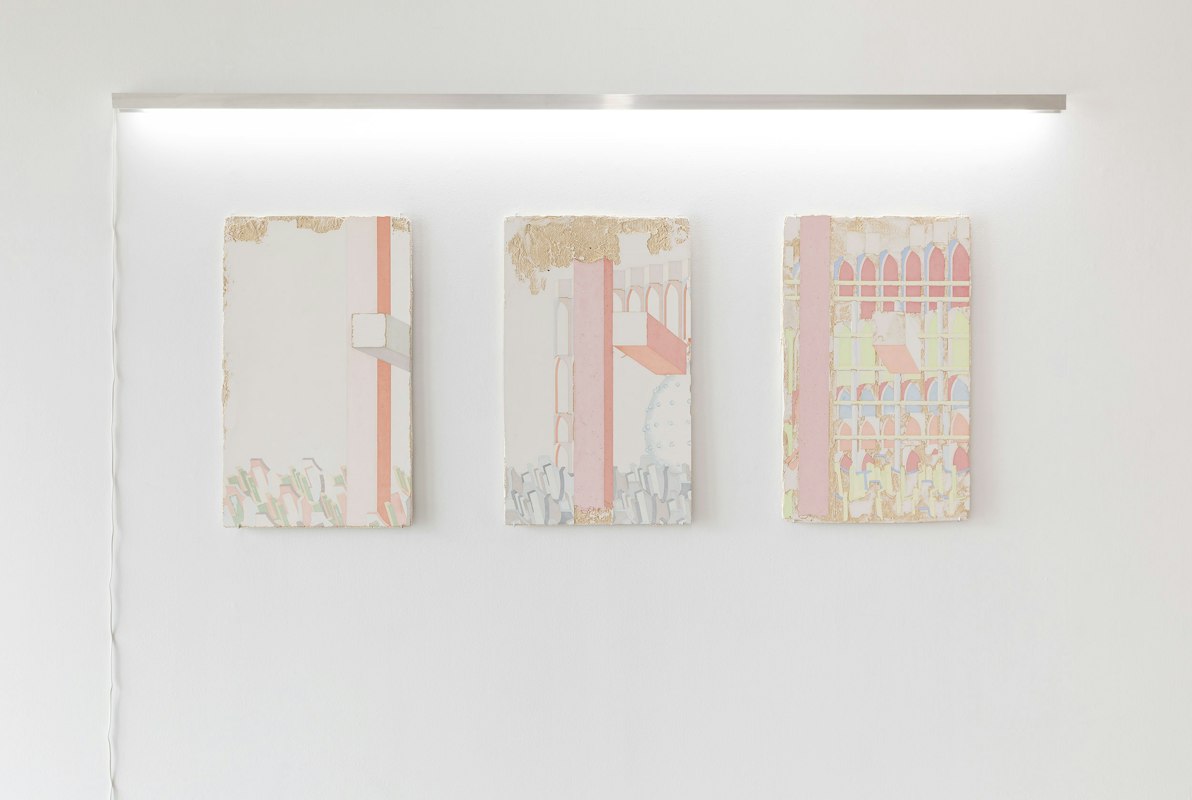 Tarik Ahlip, Feast of the Compradors, 2026, plaster, pigment, sand, fibreglass scrim, 3 parts: each 100 x 60 cm, Feast of the Compradors,  Gertrude Glasshouse, Naarm Melbourne, 2026, image courtesy and © the artist, photograph: Christian Capurro.
