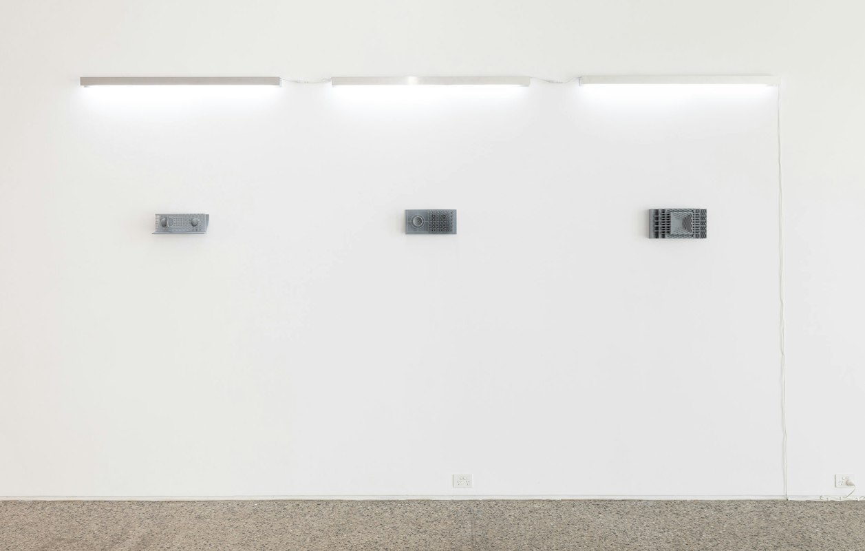 Tarik Ahlip, Studies for a Failed State, 2026, 3D printed Fused Deposition Modelling, 3 parts: The Law of Worldwide Value 11 x 30 cm, Centre < > Periphery 15 x 30 cm, Unequal Exchange 17 x 32 cm, Feast of the Compradors, Gertrude Glasshouse, Naarm Melbourne, 2026, image courtesy and © the artist, photograph: Christian Capurro.