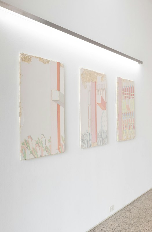 Tarik Ahlip, Feast of the Compradors, 2026, plaster, pigment, sand, fibreglass scrim, 3 parts: each 100 x 60 cm, Feast of the Compradors,  Gertrude Glasshouse, Naarm Melbourne, 2026, image courtesy and © the artist, photograph: Christian Capurro.