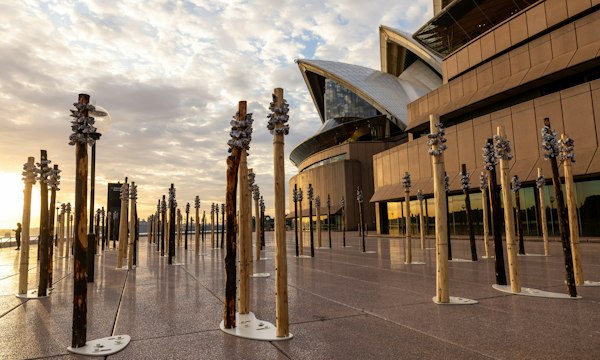 Megan Cope, Whispers, 2023, Sydney Opera House, NSW. 85,000 repurposed oyster shell waste, cypress pine, stainless steel cables, aluminum, dimensions variable. Image courtesy of the artist and Milani Gallery, Brisbane, Photo: Daniel Boud.