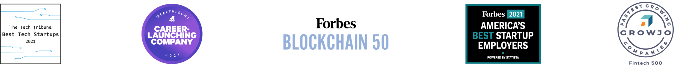 Best Tech Startups 2021, awarded by The Tech Tribune, Career-Launching Company 2021, awarded by Wealth Front, Blockchain Top 50, awarded by Forbes, America's Best Startup Employers 2021, awarded by Forbes, Fastest Growing Company, awarded by Growjo
