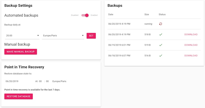 Scalingo PostgreSQL new backups tab