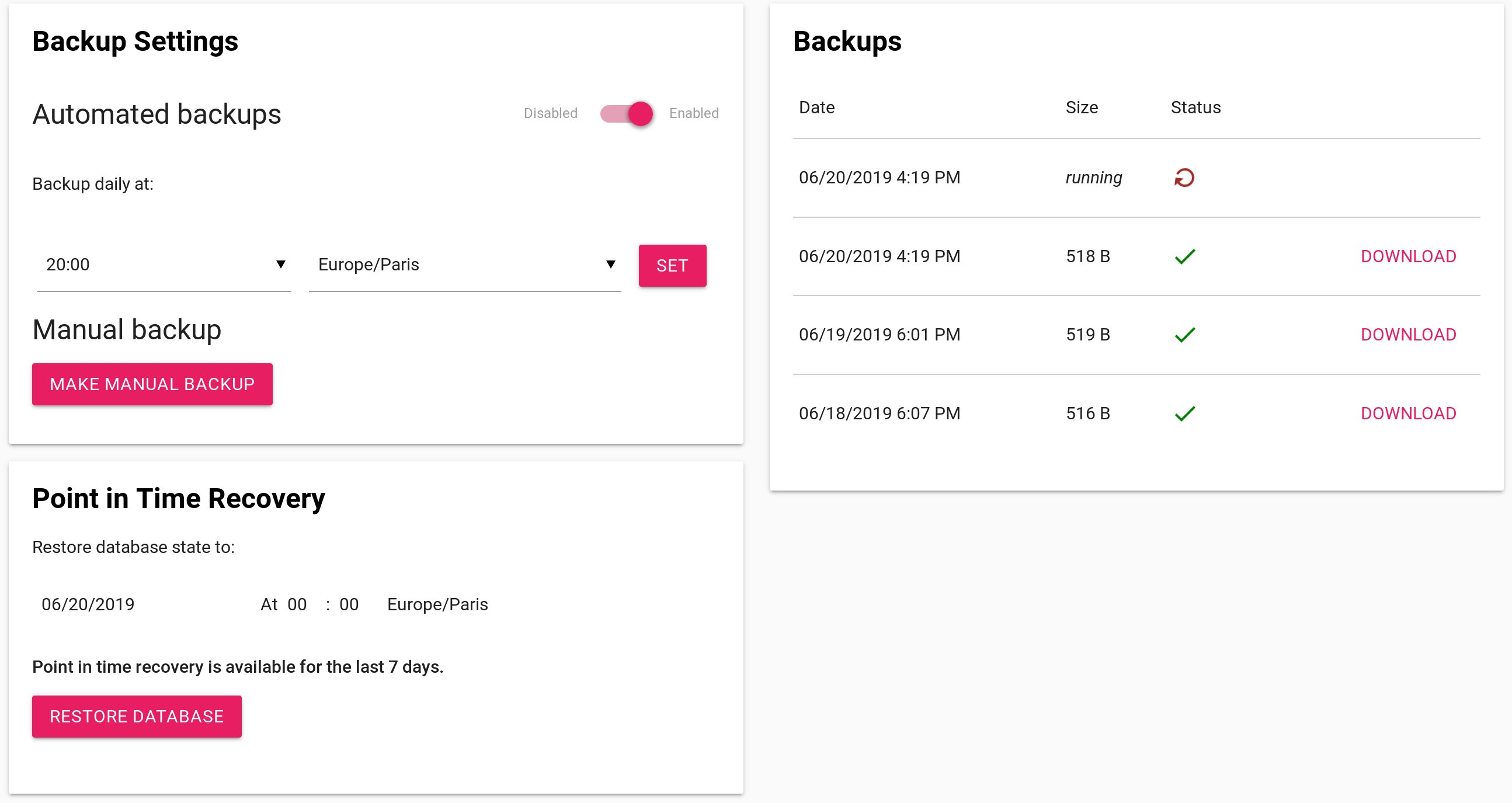 Scalingo PostgreSQL new backups tab