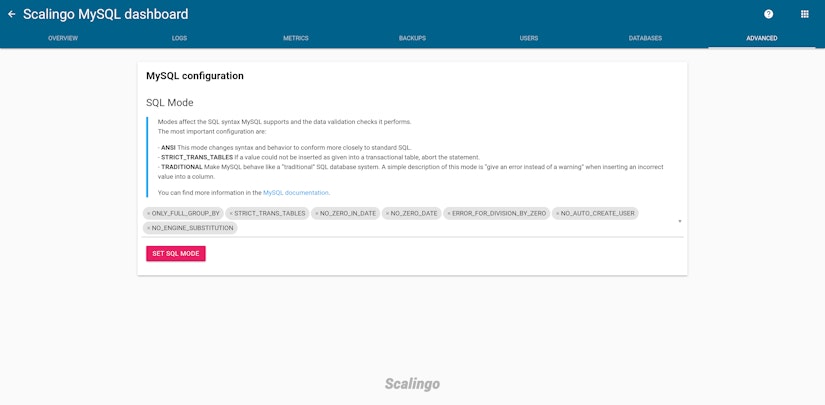 Scalingo MySQL SQL mode tab