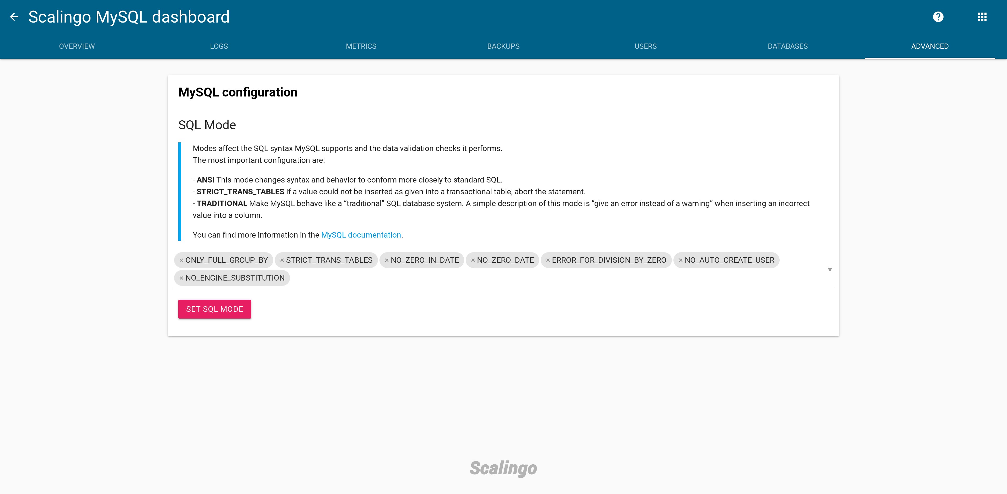 Scalingo MySQL SQL mode tab