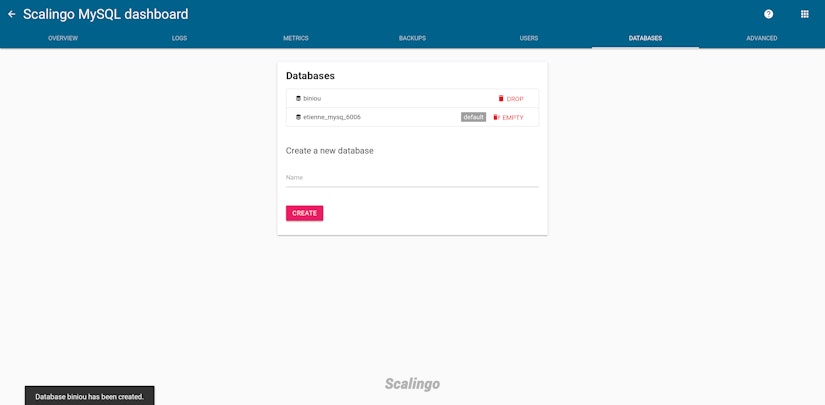 Scalingo MySQL multiple databases tab