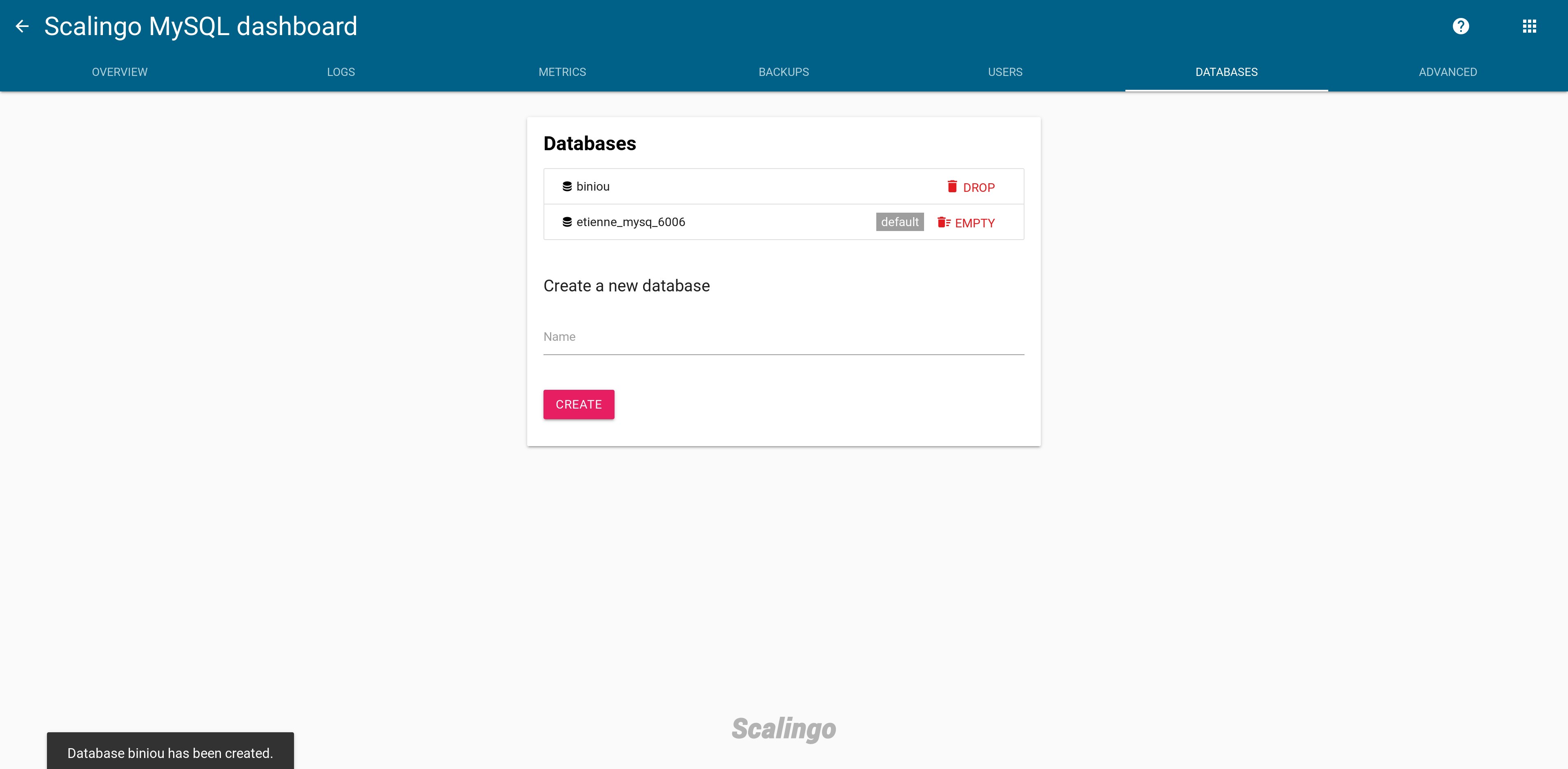 Scalingo MySQL multiple databases tab