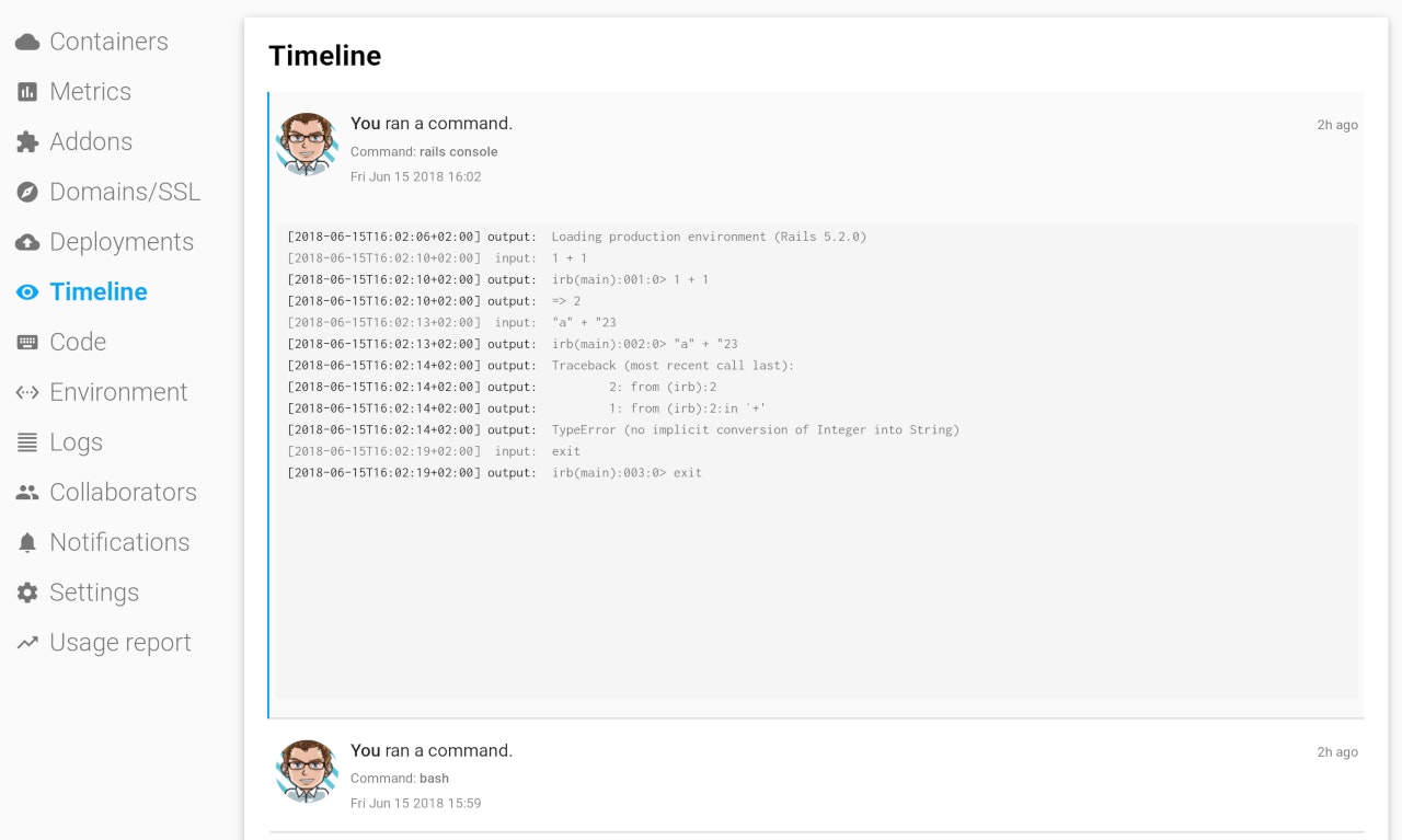 One-off audit logs in the Timeline of Scalingo's Dashboard