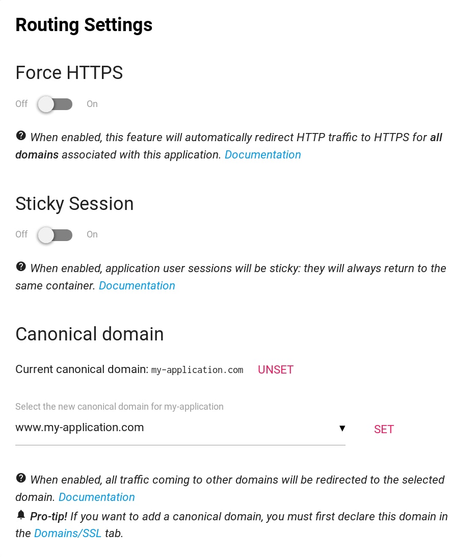 Application Router Settings on Scalingo's dashboard