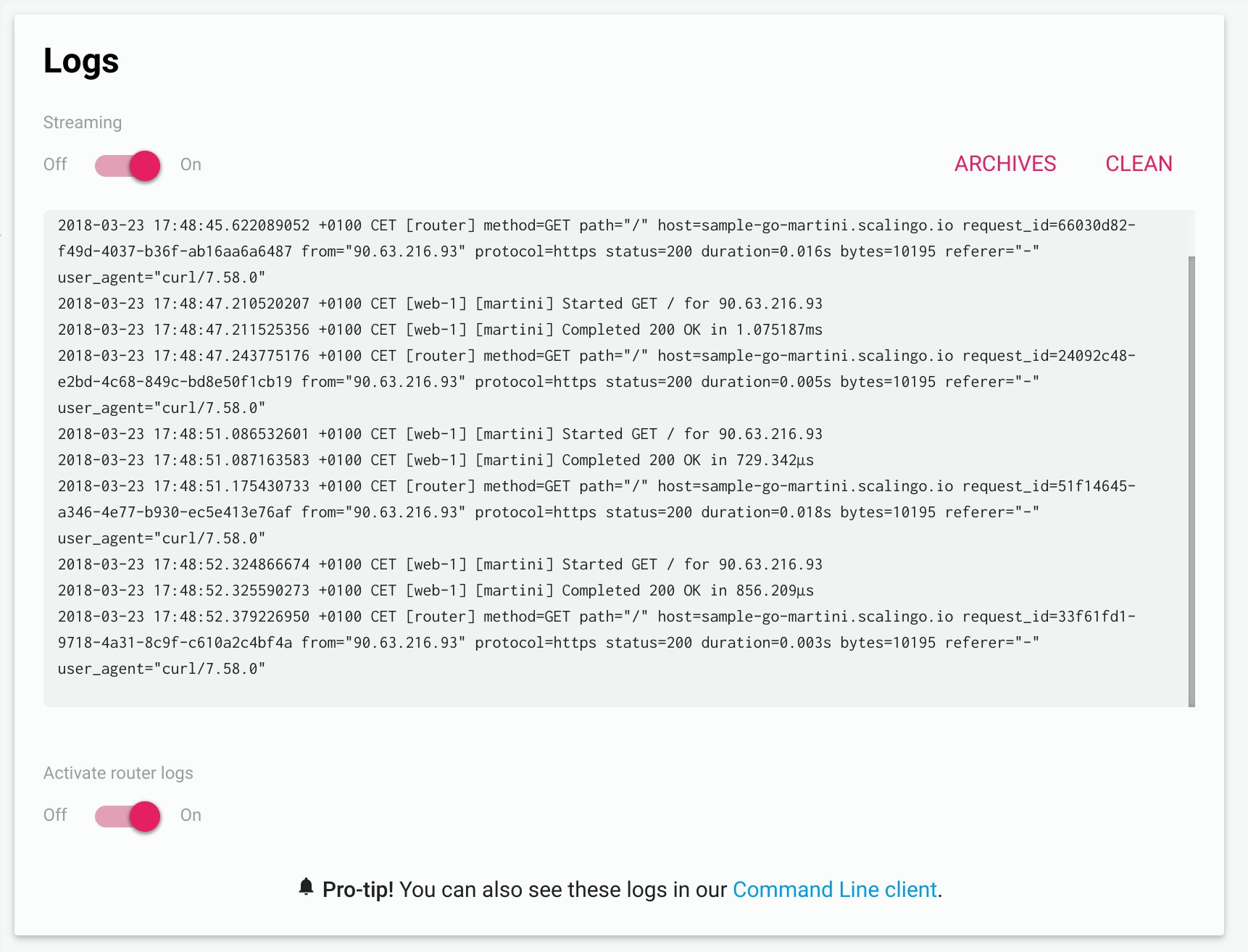 Router logs Scalingo Dashboard