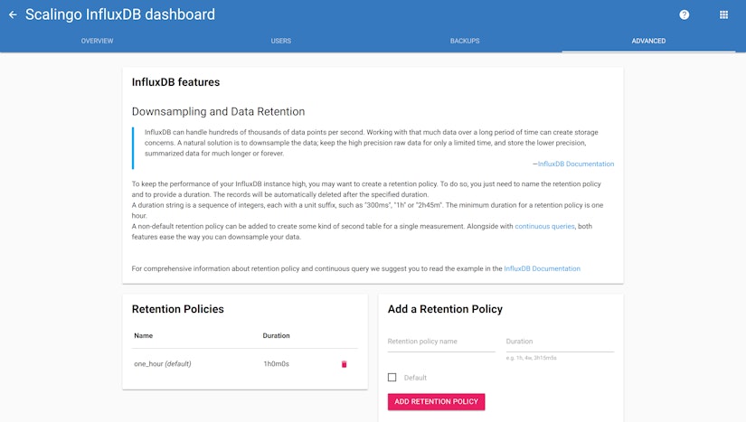Advanced tab of the database dashboard