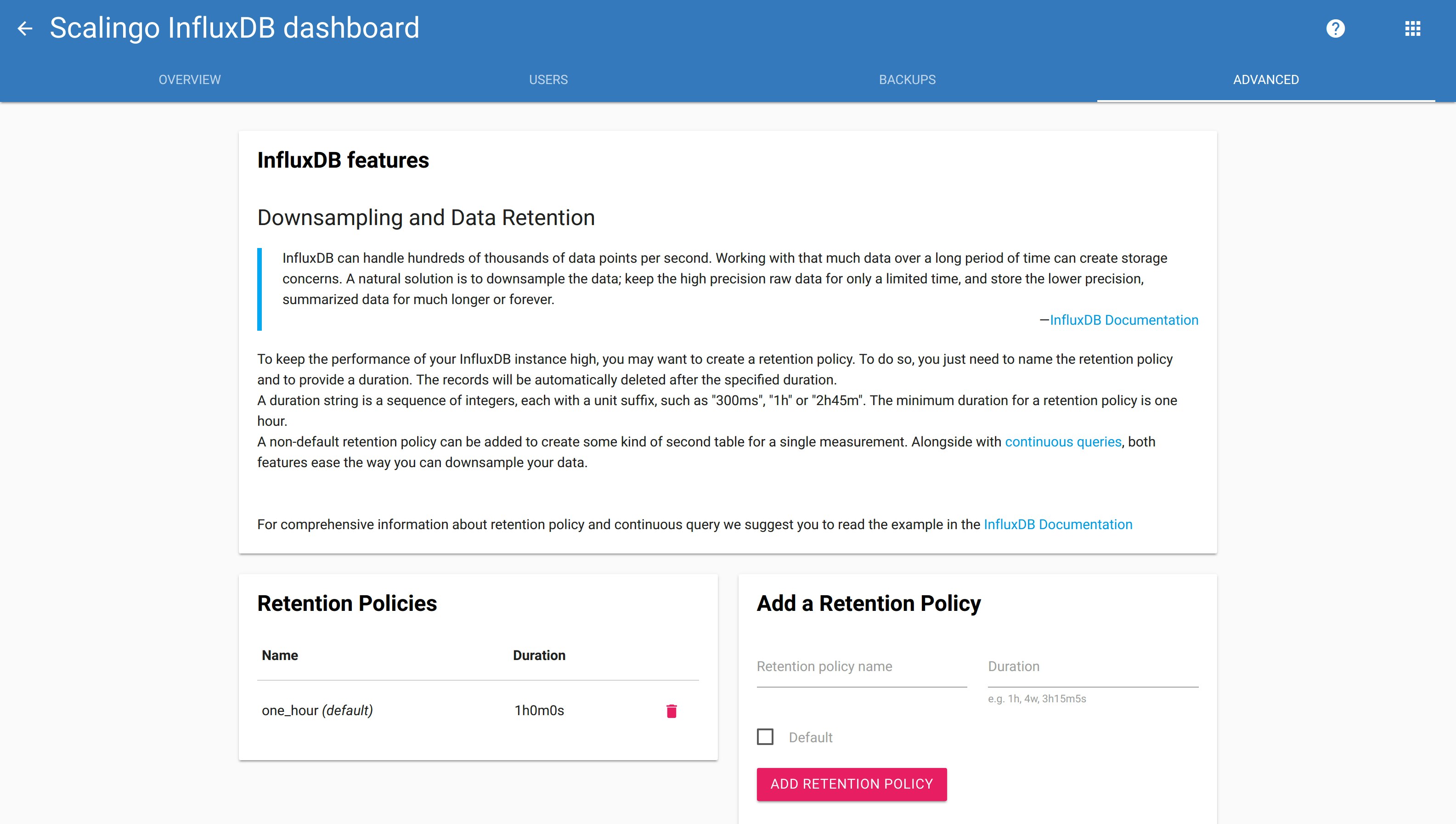 Advanced tab of the database dashboard
