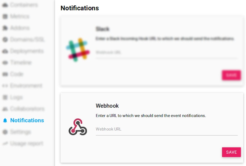 Scalingo Dashboard Webhooks Configuration Panel