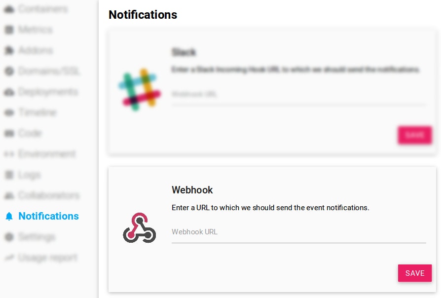 Scalingo Dashboard Webhooks Configuration Panel