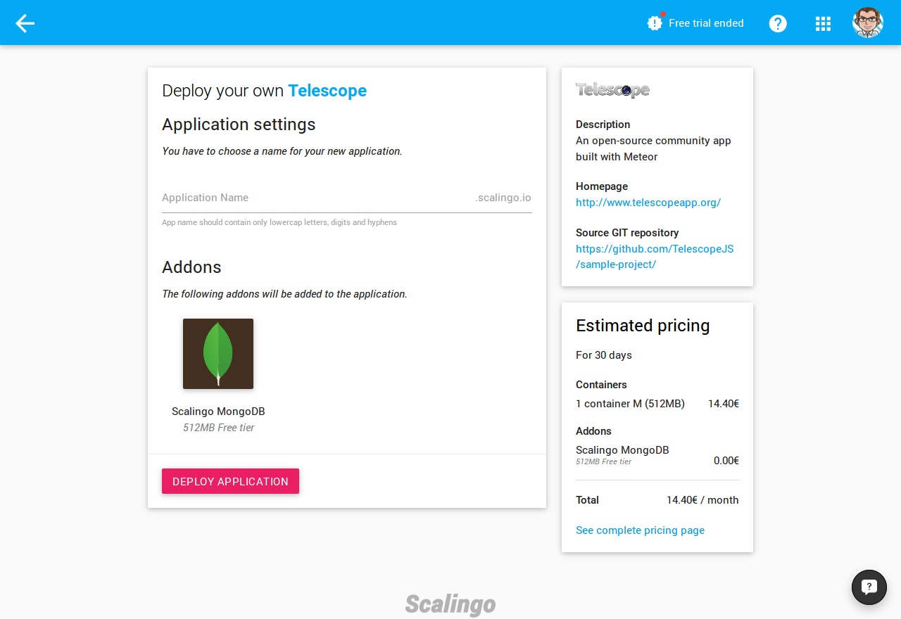 Meteor Telescope app example Scalingo one-click deploy button
