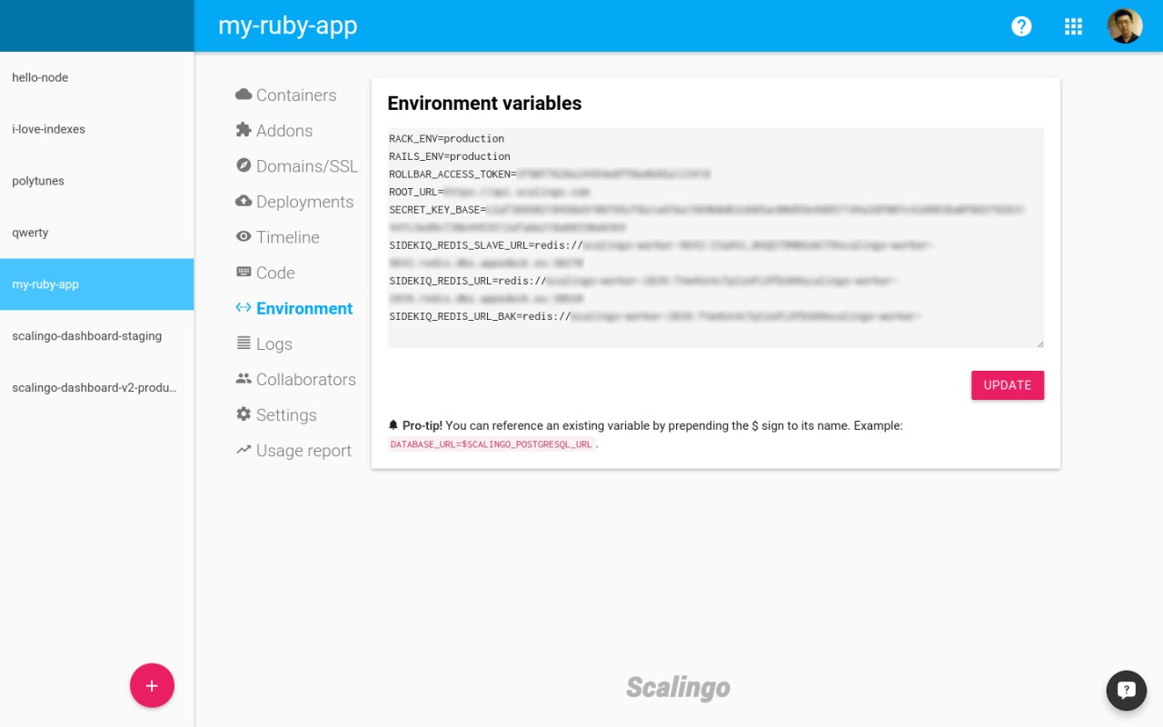 Scalingo Dashboard v2 Environment Variables