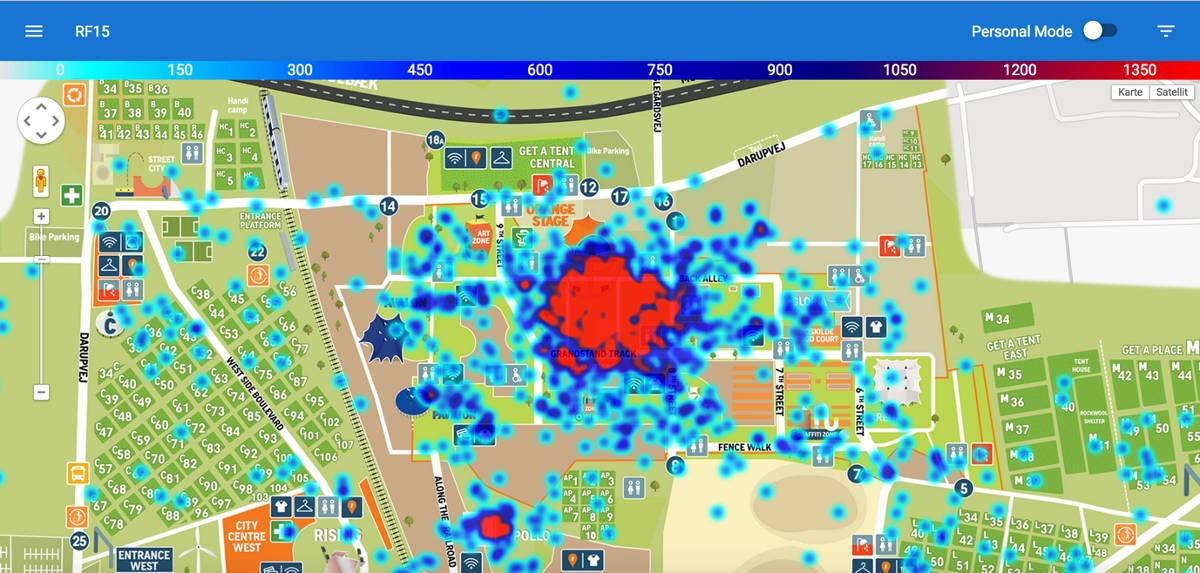 Screenshot from the web-app. Crowd distribution (capped to 1500 users) during the Disclosure concert at the main stage (the Orange Stage)