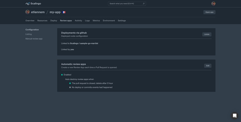 The review app feature on Scalingo's dashboard Review App Scalingo