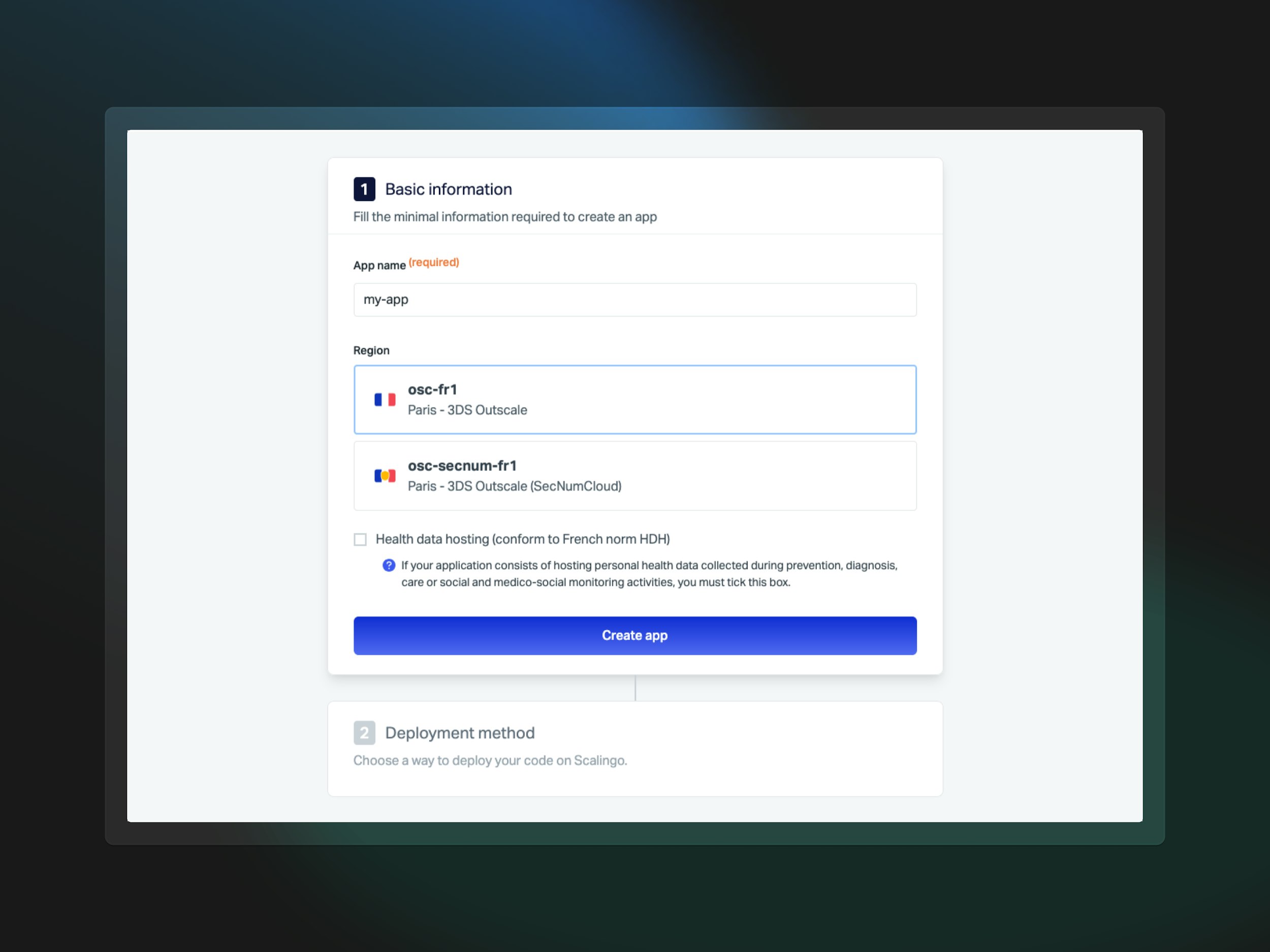 Scalingo app creation page