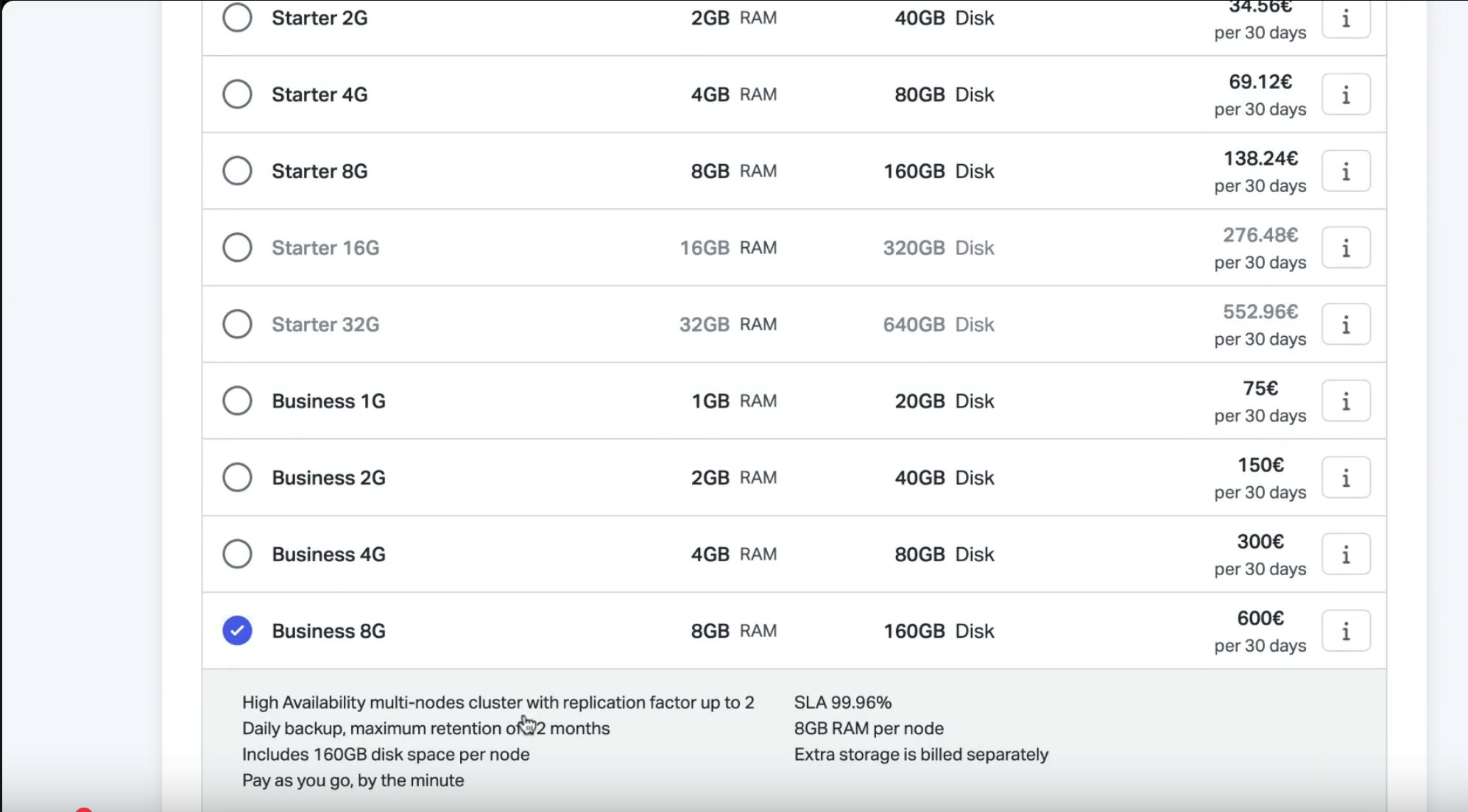 Sélection d'un plan business pour activer OpenSearch sur Scalingo