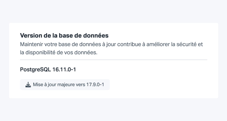 Image montrant le bouton de mise à jour sur le tableau de bord de Scalingo pour passer de PostgreSQL 16 à PostgreSQL 17