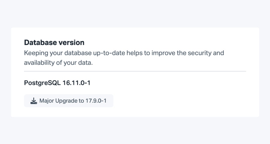 Image showing the upgrade button on Scalingo's dashboard to go from PostgreSQL 16 to PostgreSQL 17
