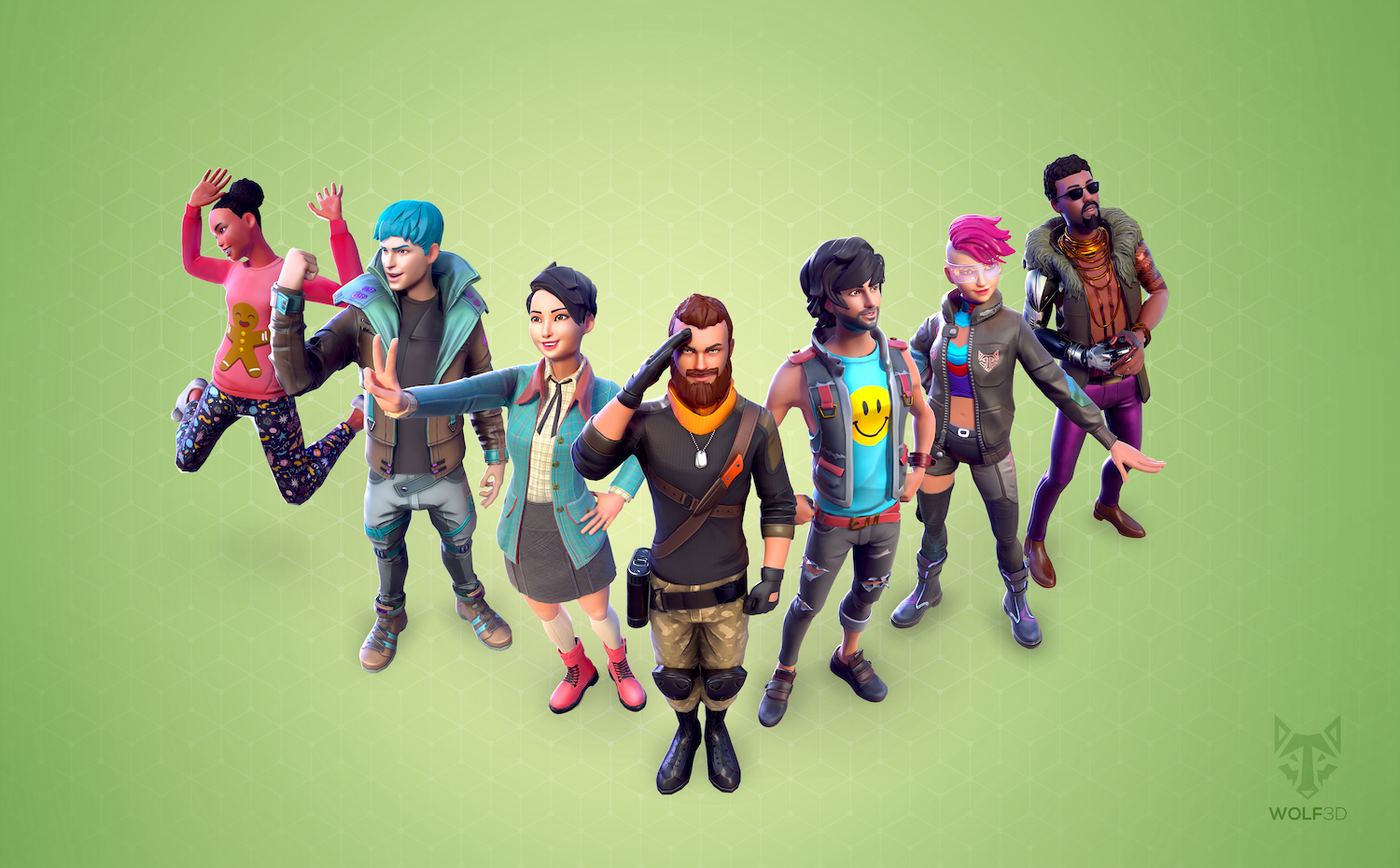 Just the right balance between realistic and abstract avatars 3D human avatars standing in different poses on a green background