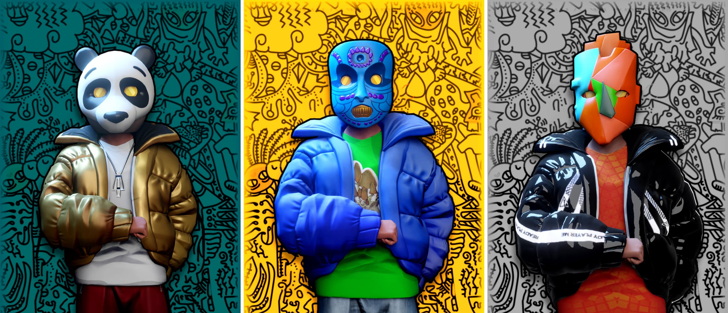Ready Player Me x Maddie's Hashmasks NFT Assets for 3D Avatars Ready Player Me avatars wearing 3D Masks based on Hashmasks from Maddie's