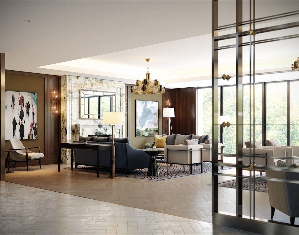 The lobby is full of designer touches, with rugs, artwork and a comfortable seating area