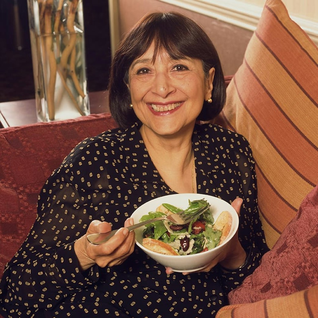 Madhur Jaffrey eating a salad