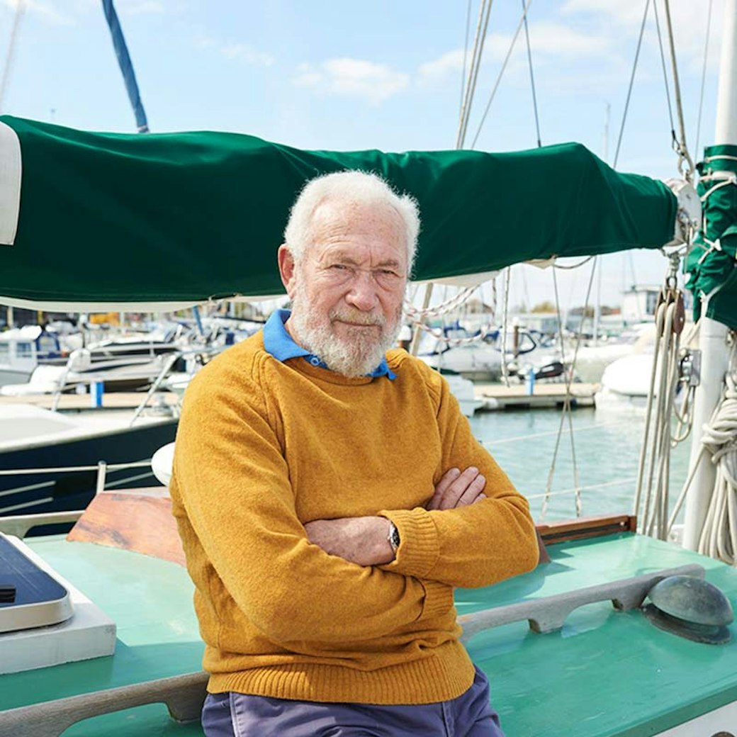 Sir Robin Knox-Johnston on a sailing boat