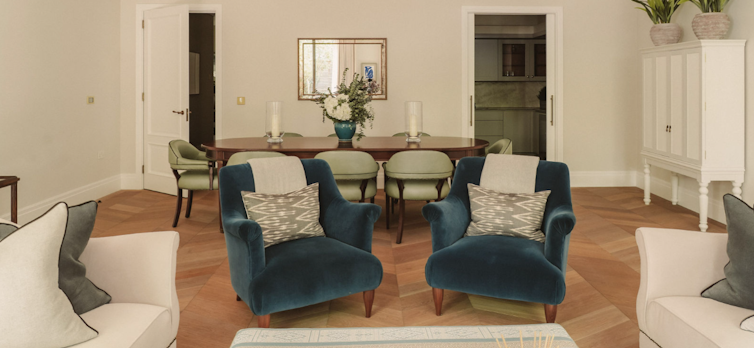 Open plan living & dining area in show apartment 7